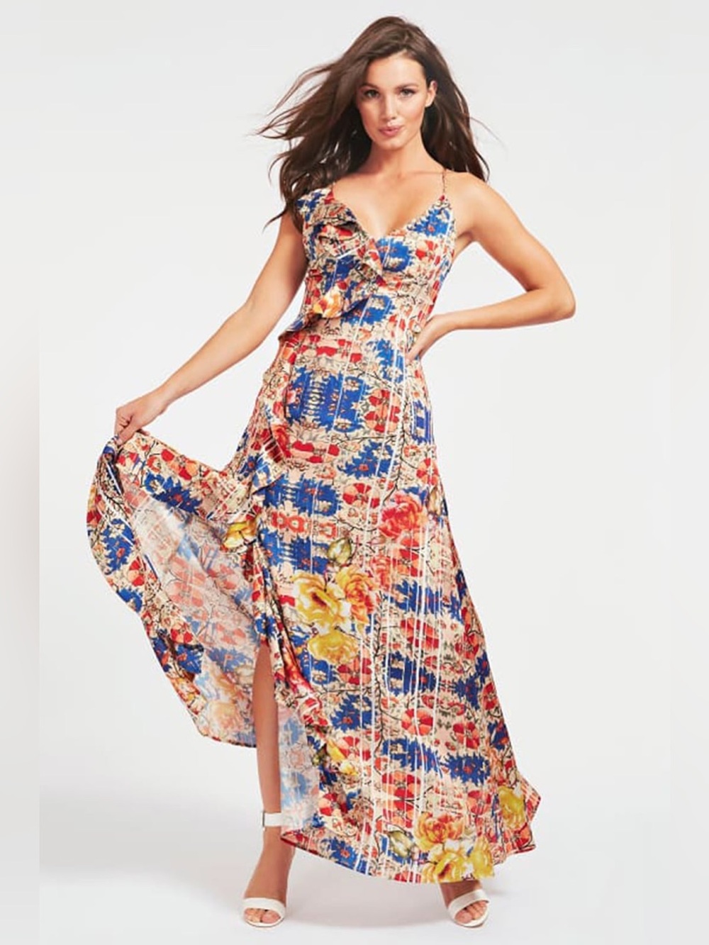 NWOT Guess Arianne Ruffled Floral Maxi Dress in Bohemian Roses sz M